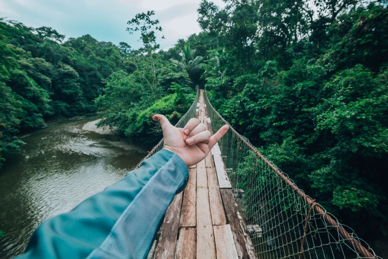 faq-img A daring trek across a wooden suspension bridge in the jungle, hand gestures adventure.